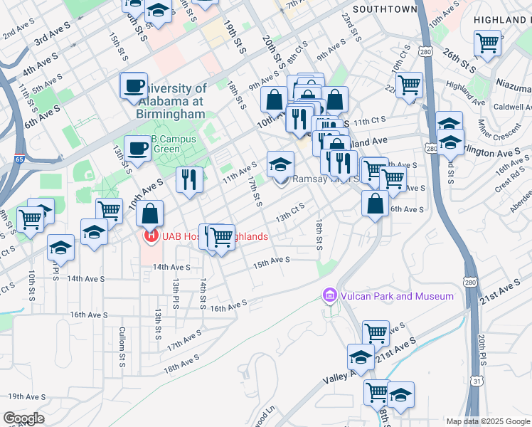map of restaurants, bars, coffee shops, grocery stores, and more near 1705 13th Avenue South in Birmingham