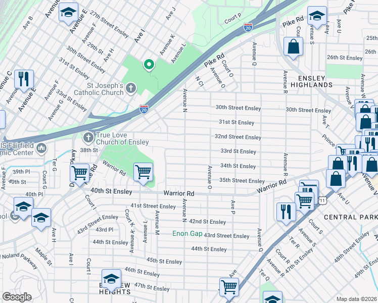 map of restaurants, bars, coffee shops, grocery stores, and more near 1405 33rd Street Ensley in Birmingham