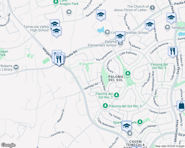 map of restaurants, bars, coffee shops, grocery stores, and more near 43164 Corte Calanda in Temecula
