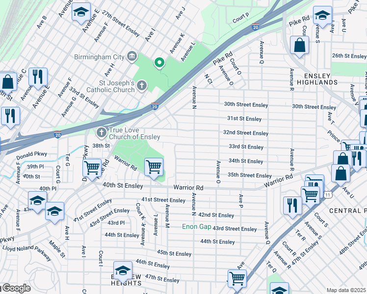 map of restaurants, bars, coffee shops, grocery stores, and more near 1313 33rd Street Ensley in Birmingham