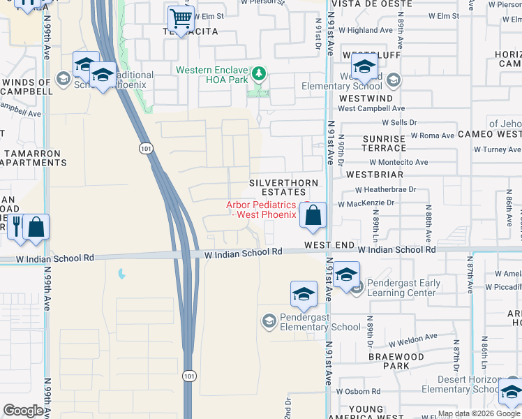 map of restaurants, bars, coffee shops, grocery stores, and more near 4202 North 92nd Lane in Phoenix