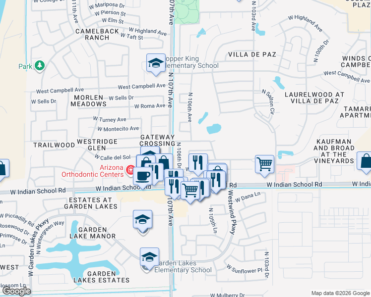 map of restaurants, bars, coffee shops, grocery stores, and more near 10605 West Heatherbrae Drive in Phoenix