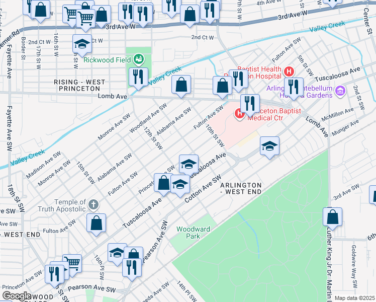 map of restaurants, bars, coffee shops, grocery stores, and more near 524 11th St SW in Birmingham