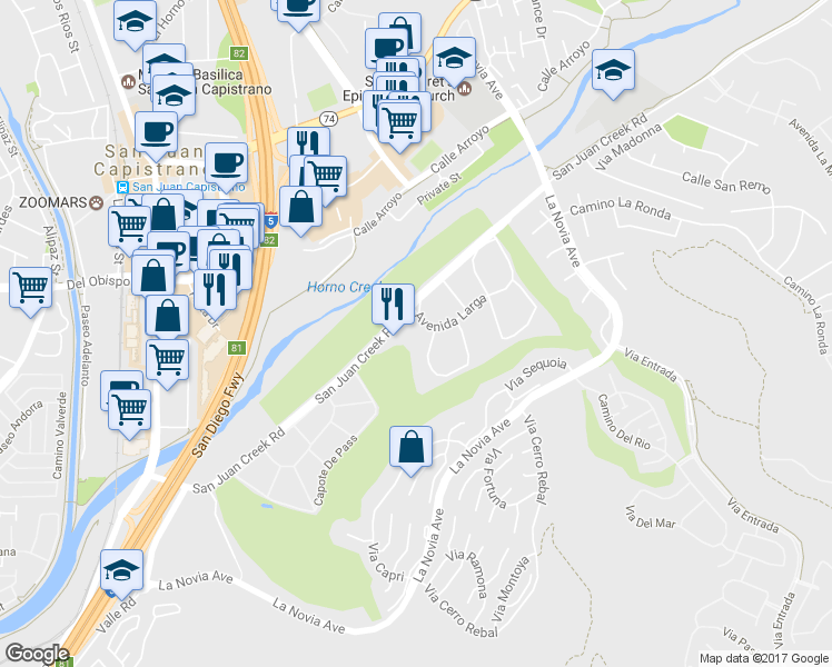 map of restaurants, bars, coffee shops, grocery stores, and more near 32141 Via Barrida in San Juan Capistrano