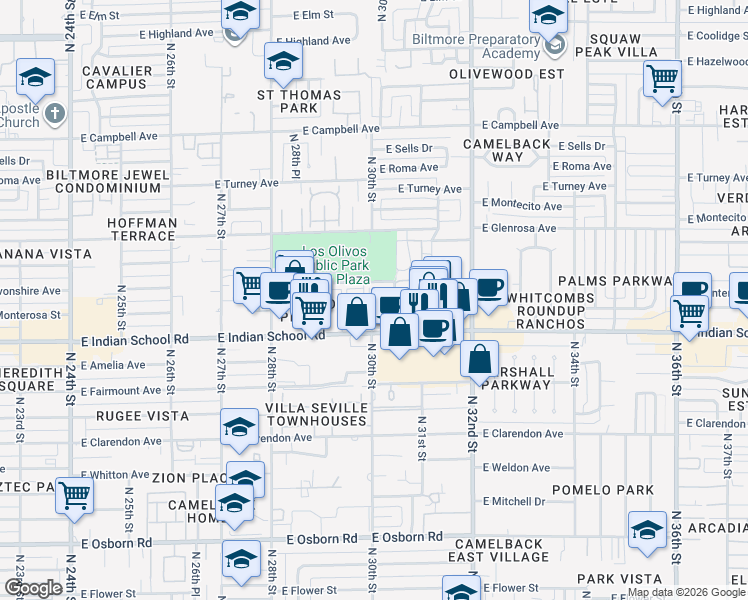 map of restaurants, bars, coffee shops, grocery stores, and more near 3033 East Devonshire Avenue in Phoenix