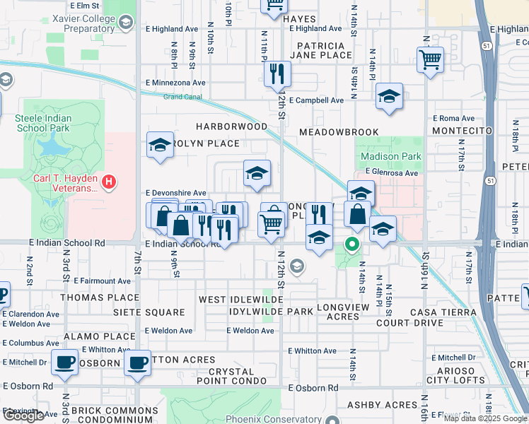 map of restaurants, bars, coffee shops, grocery stores, and more near 4145 North Mitchell Street in Phoenix