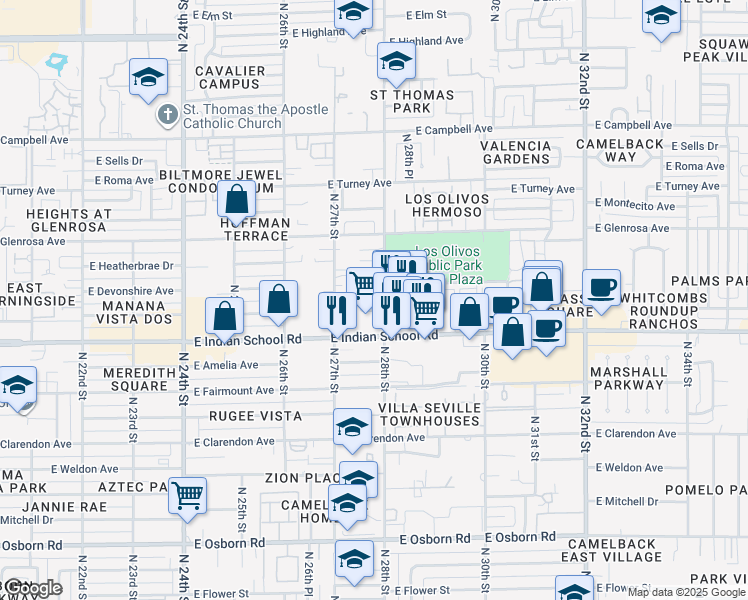map of restaurants, bars, coffee shops, grocery stores, and more near 4114 North 28th Street in Phoenix