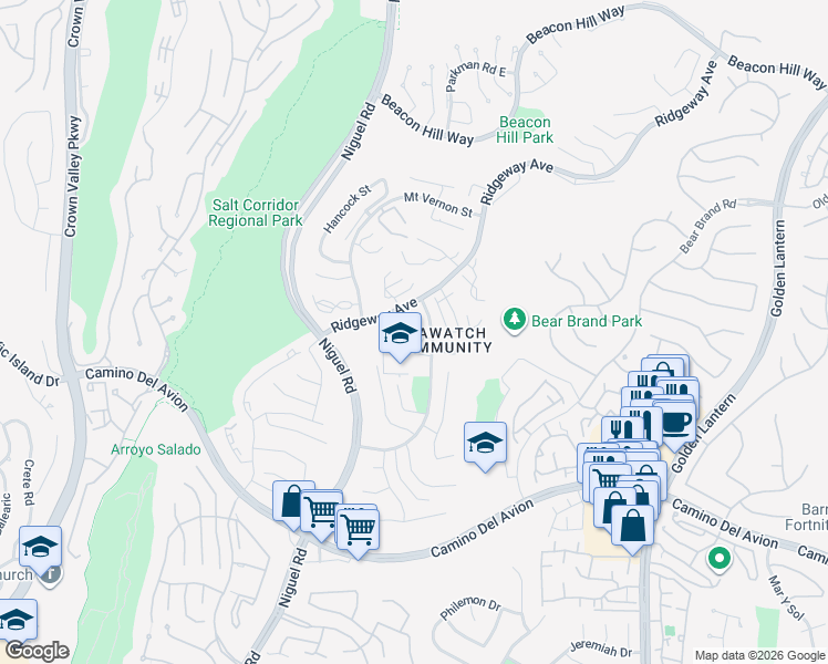 map of restaurants, bars, coffee shops, grocery stores, and more near Dover Place in Laguna Niguel
