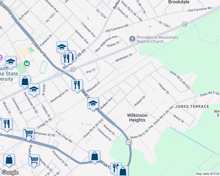 map of restaurants, bars, coffee shops, grocery stores, and more near 1911 State Road S-38-768 in Orangeburg