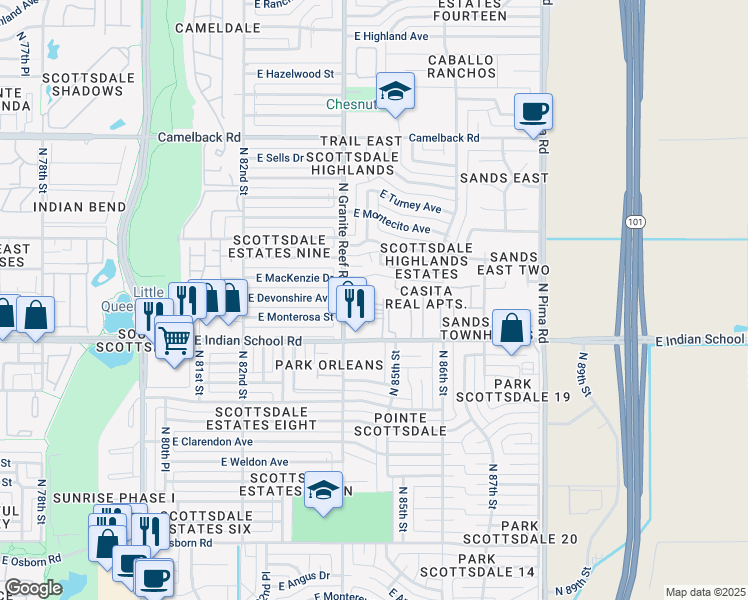 map of restaurants, bars, coffee shops, grocery stores, and more near 8444 East Indian School Road in Scottsdale