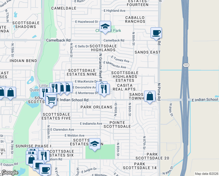 map of restaurants, bars, coffee shops, grocery stores, and more near 8444 East Indian School Road in Scottsdale