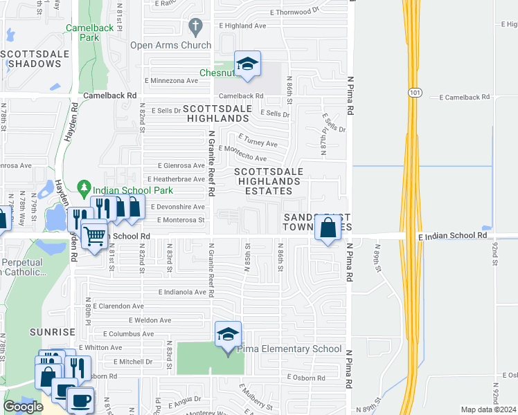 map of restaurants, bars, coffee shops, grocery stores, and more near 8558 East Indian School Road in Scottsdale