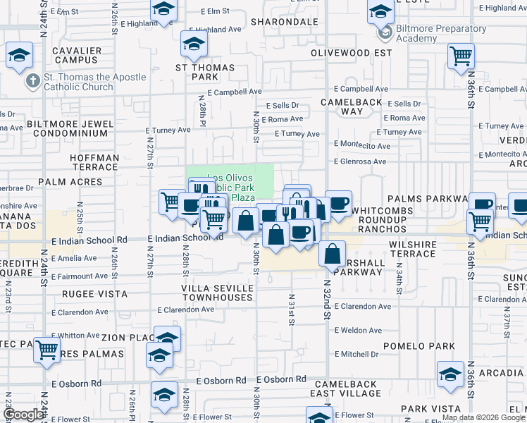 map of restaurants, bars, coffee shops, grocery stores, and more near 3033 East Devonshire Avenue in Phoenix