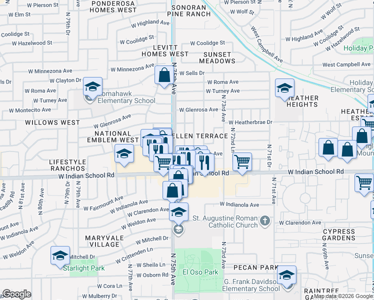 map of restaurants, bars, coffee shops, grocery stores, and more near 4131 North 74th Drive in Phoenix