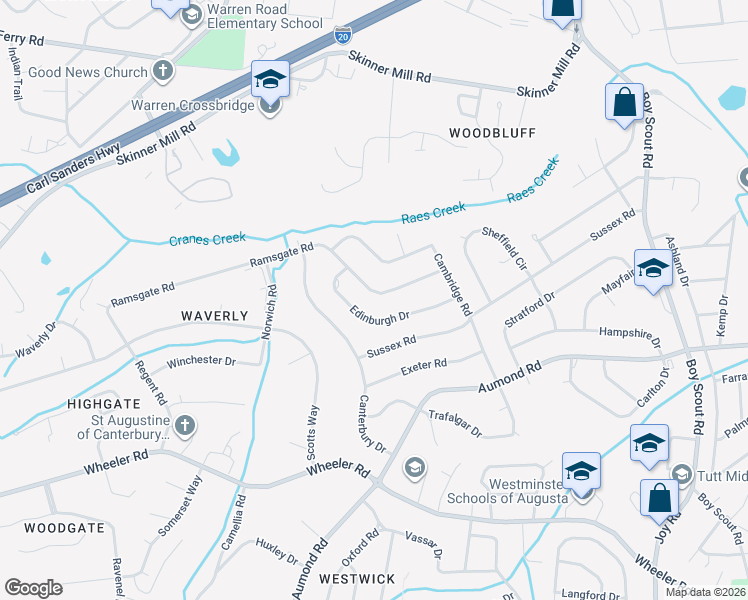 map of restaurants, bars, coffee shops, grocery stores, and more near 3122 Ramsgate Road in Augusta