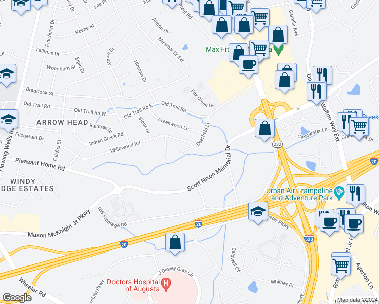 map of restaurants, bars, coffee shops, grocery stores, and more near 258 Deerfield Lane in Augusta