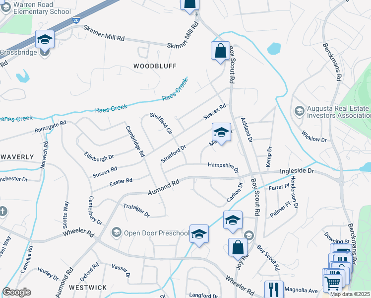 map of restaurants, bars, coffee shops, grocery stores, and more near 2931 Stratford Drive in Augusta