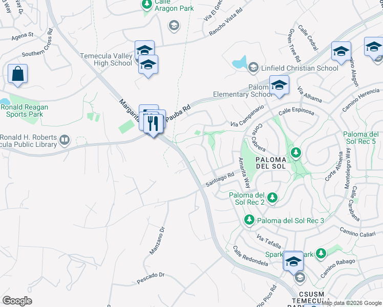 map of restaurants, bars, coffee shops, grocery stores, and more near 43133 Corte Montilla in Temecula