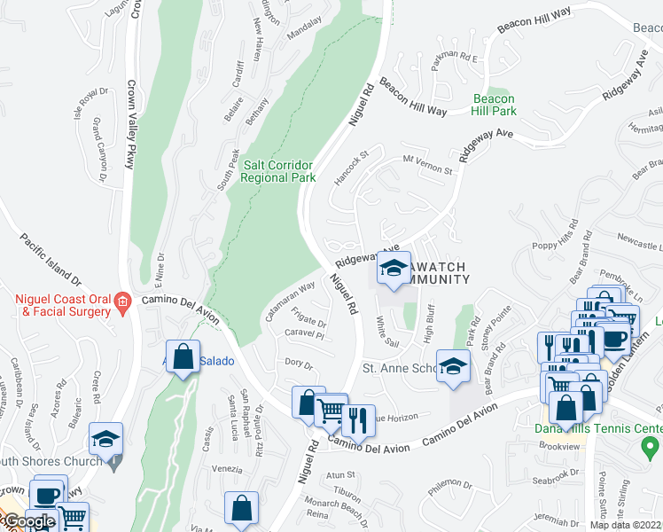 map of restaurants, bars, coffee shops, grocery stores, and more near 32193 Ridgeway Avenue in Laguna Niguel