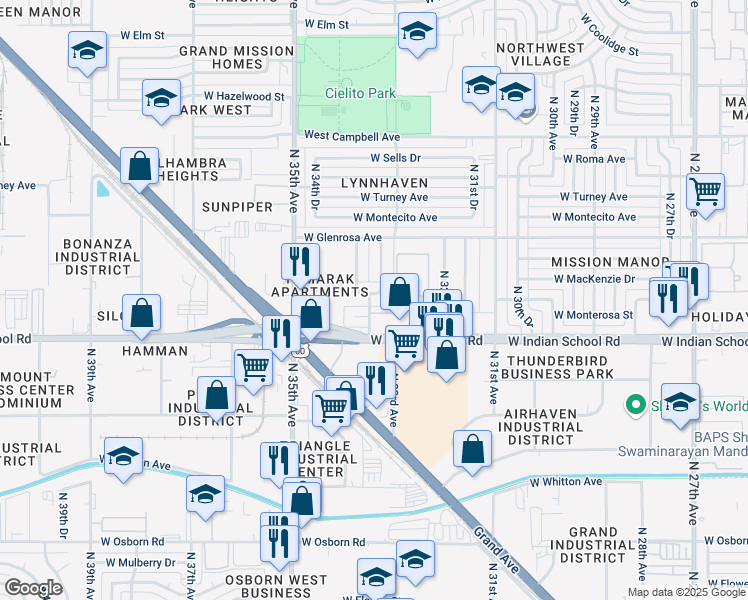 map of restaurants, bars, coffee shops, grocery stores, and more near 4139 North 33rd Drive in Phoenix
