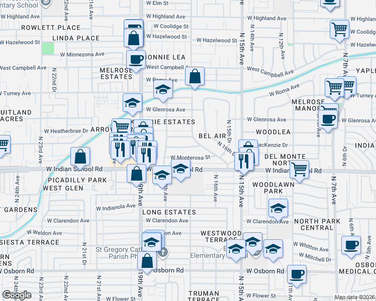 map of restaurants, bars, coffee shops, grocery stores, and more near 1733 West Devonshire Avenue in Phoenix