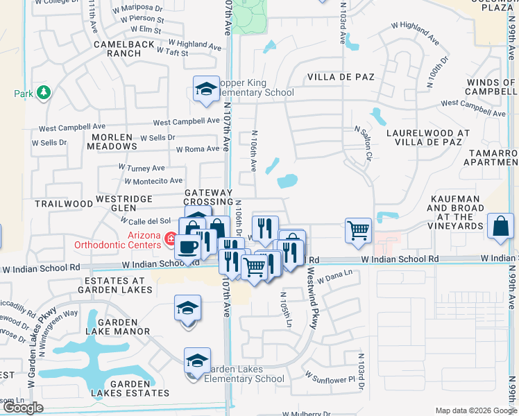 map of restaurants, bars, coffee shops, grocery stores, and more near 10605 West Heatherbrae Drive in Phoenix