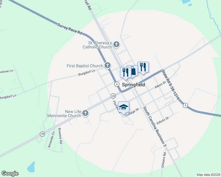 map of restaurants, bars, coffee shops, grocery stores, and more near 3612 Surrey Race Road in Springfield