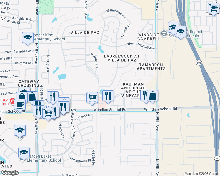 map of restaurants, bars, coffee shops, grocery stores, and more near 4227 North 101st Avenue in Phoenix