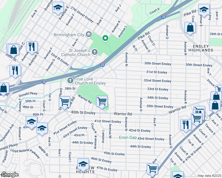 map of restaurants, bars, coffee shops, grocery stores, and more near 1201 33rd Street Ensley in Birmingham