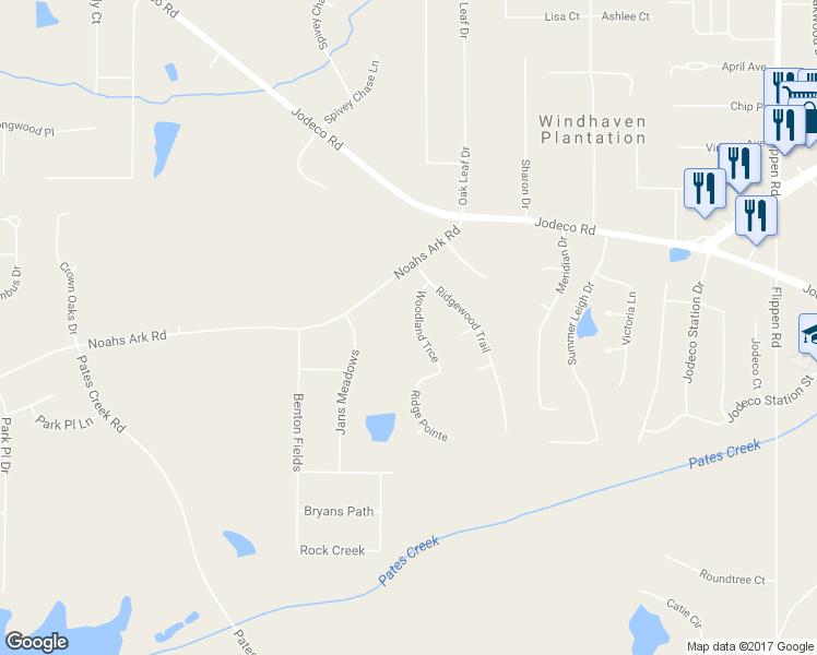 map of restaurants, bars, coffee shops, grocery stores, and more near 50 Woodland Trce in Stockbridge