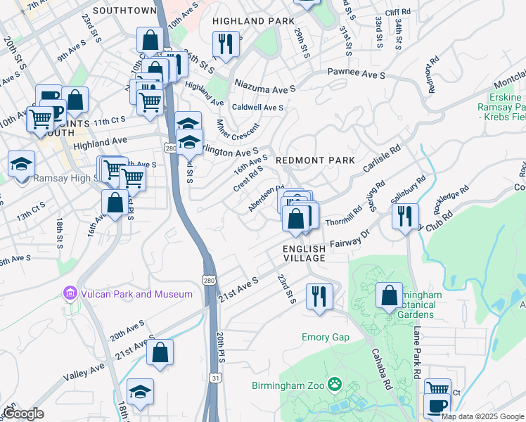 map of restaurants, bars, coffee shops, grocery stores, and more near 1601 Sterling Place South in Birmingham