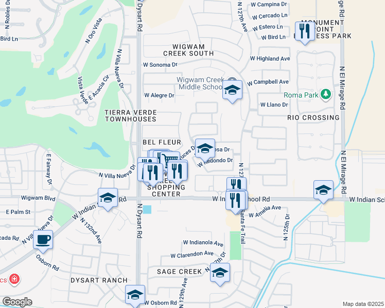 map of restaurants, bars, coffee shops, grocery stores, and more near 12916 West Glenrosa Drive in Litchfield Park