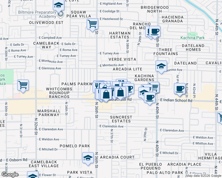 map of restaurants, bars, coffee shops, grocery stores, and more near 3637 East Monterosa Street in Phoenix