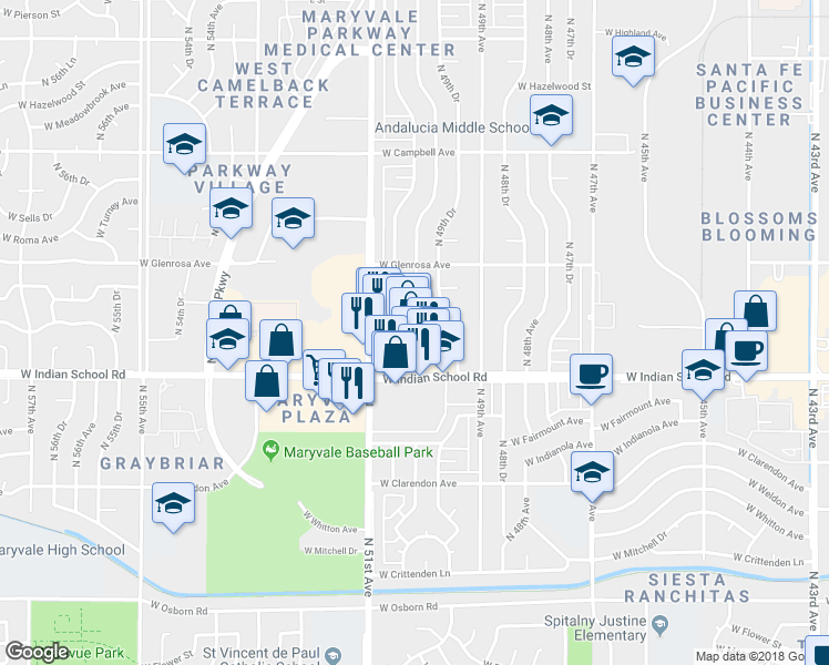 map of restaurants, bars, coffee shops, grocery stores, and more near 4105 North 51st Avenue in Phoenix