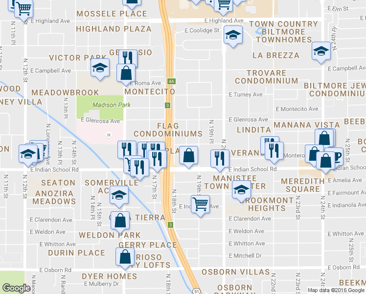 map of restaurants, bars, coffee shops, grocery stores, and more near 4150 North 18th Place in Phoenix