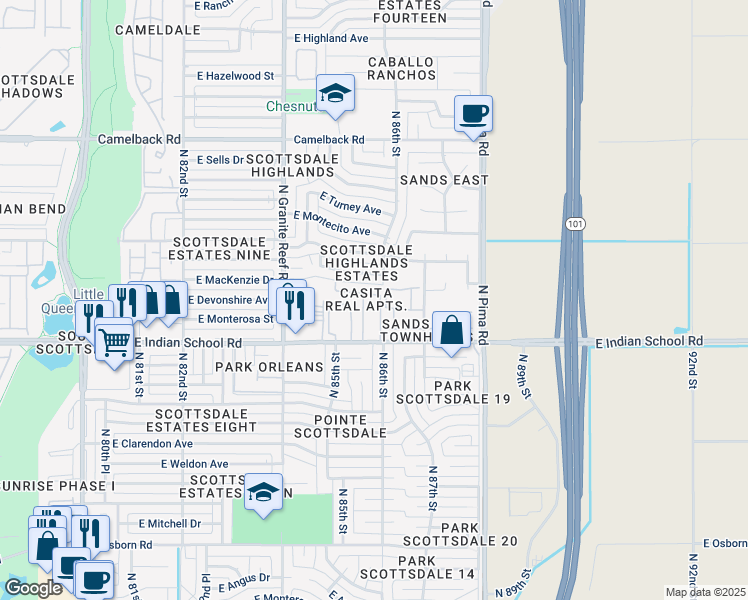 map of restaurants, bars, coffee shops, grocery stores, and more near 8558 East Indian School Road in Scottsdale