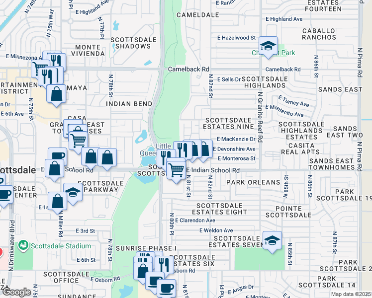 map of restaurants, bars, coffee shops, grocery stores, and more near 4153 North 81st Street in Scottsdale