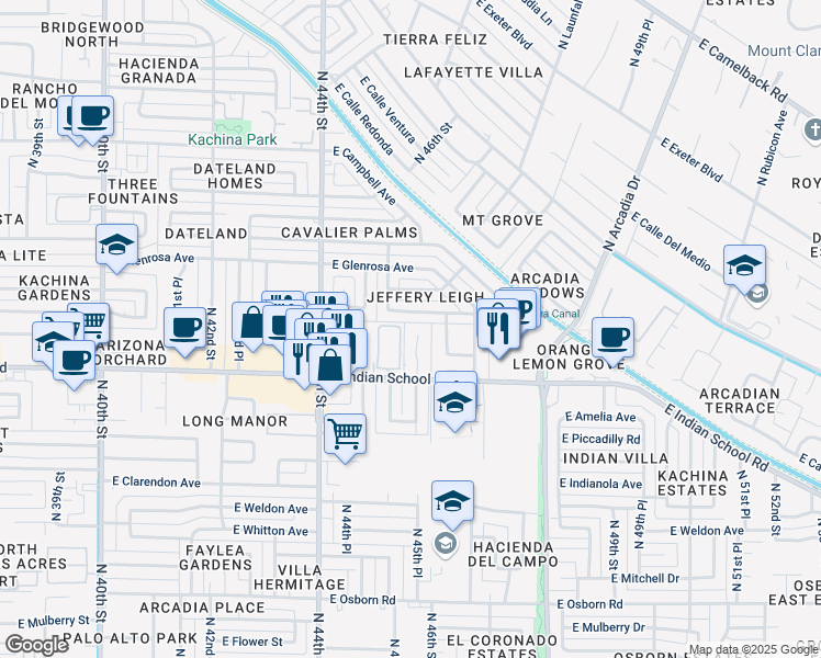 map of restaurants, bars, coffee shops, grocery stores, and more near 4502 East Indian School Road in Phoenix
