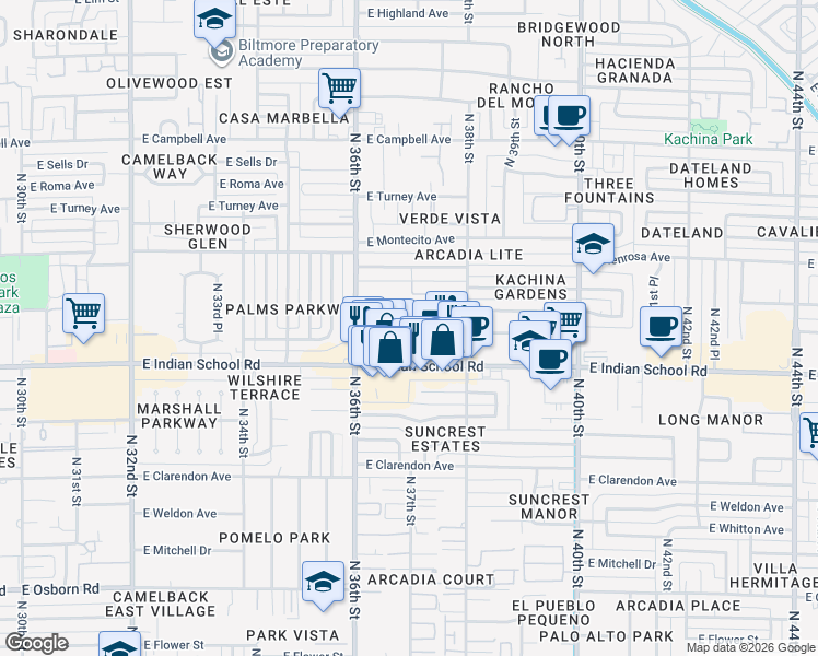 map of restaurants, bars, coffee shops, grocery stores, and more near 3637 East Monterosa Street in Phoenix