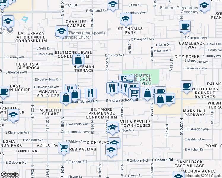 map of restaurants, bars, coffee shops, grocery stores, and more near 4143 North 27th Street in Phoenix