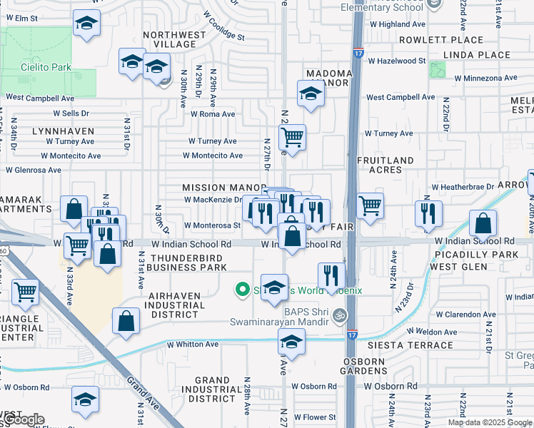 map of restaurants, bars, coffee shops, grocery stores, and more near 2708 West Devonshire Avenue in Phoenix