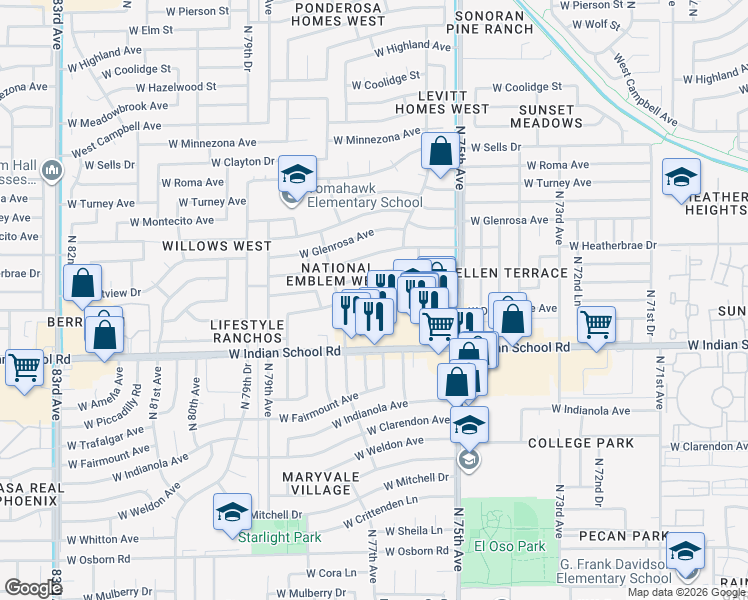 map of restaurants, bars, coffee shops, grocery stores, and more near 7609 West Devonshire Avenue in Phoenix