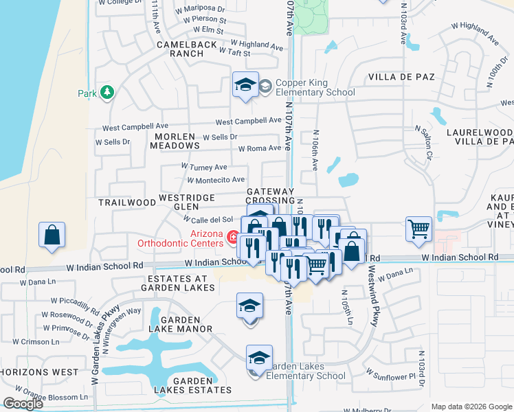 map of restaurants, bars, coffee shops, grocery stores, and more near 4215 North 107th Lane in Phoenix