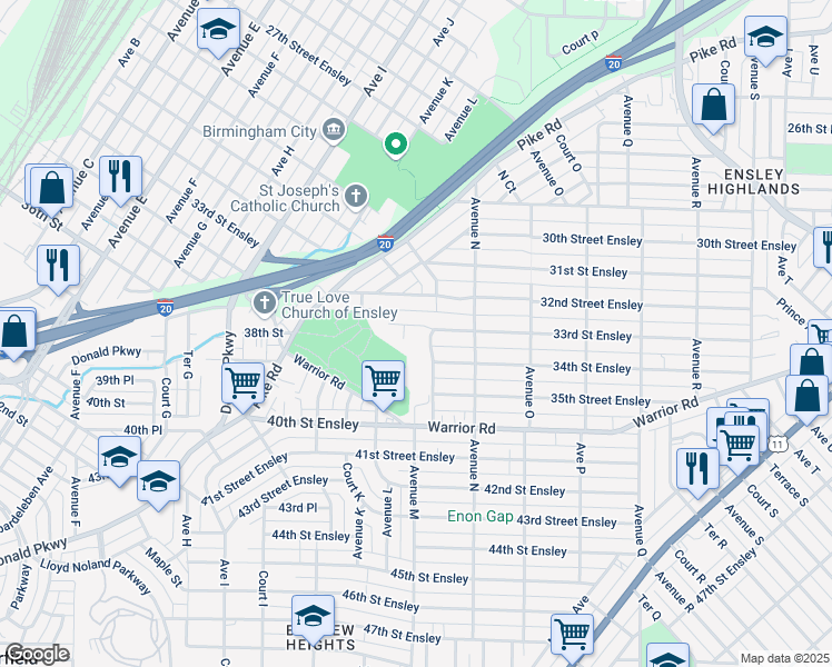 map of restaurants, bars, coffee shops, grocery stores, and more near 1201 33rd Street Ensley in Birmingham