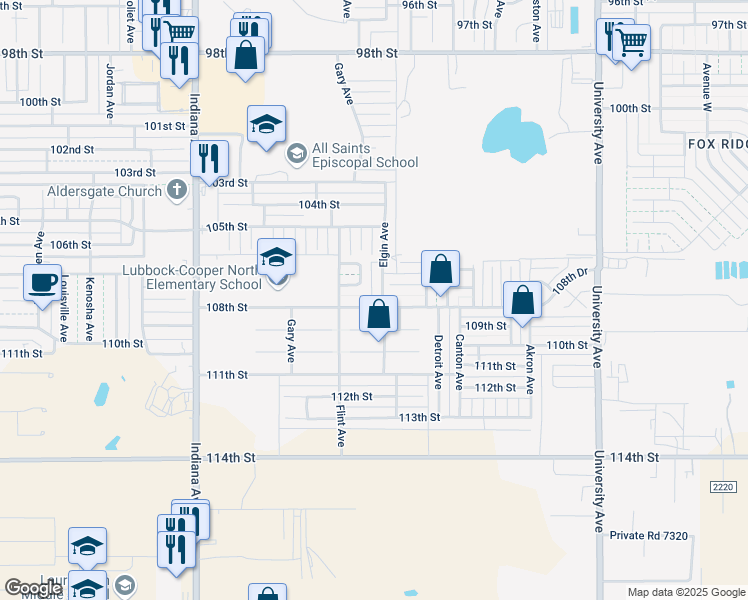 map of restaurants, bars, coffee shops, grocery stores, and more near 3004 108th St in Lubbock