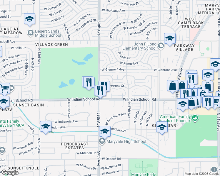 map of restaurants, bars, coffee shops, grocery stores, and more near 5807 West Monterosa Street in Phoenix