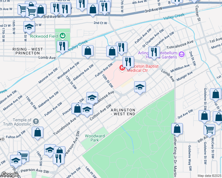 map of restaurants, bars, coffee shops, grocery stores, and more near 628 10th Street Southwest in Birmingham