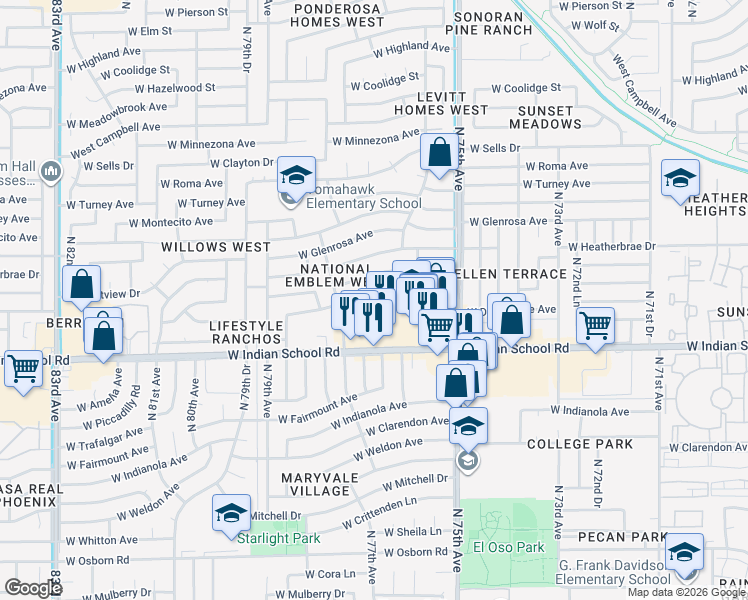 map of restaurants, bars, coffee shops, grocery stores, and more near 7609 West Devonshire Avenue in Phoenix
