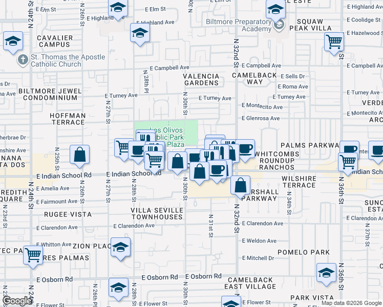 map of restaurants, bars, coffee shops, grocery stores, and more near 3033 East Devonshire Avenue in Phoenix