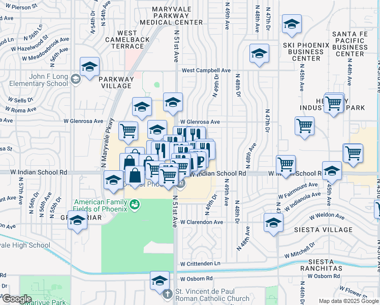 map of restaurants, bars, coffee shops, grocery stores, and more near 4105 North 51st Avenue in Phoenix